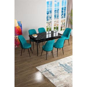 Extendable Dining Table & Chairs Set (7 Pieces) Han - Black Marble, Turquoise vyobraziť