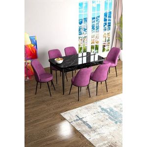 Extendable Dining Table & Chairs Set (7 Pieces) Han - Black Marble, Purple vyobraziť
