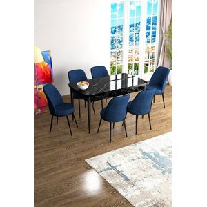 Extendable Dining Table & Chairs Set (7 Pieces) Han - Black Marble, Navy Blue vyobraziť