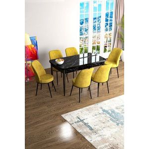 Extendable Dining Table & Chairs Set (7 Pieces) Han - Black Marble, Mustard vyobraziť