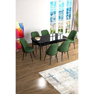 Extendable Dining Table & Chairs Set (7 Pieces) Han - Black Marble, Khaki vyobraziť