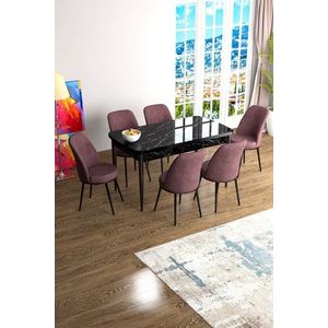 Extendable Dining Table & Chairs Set (7 Pieces) Han - Black Marble, Dusty Rose vyobraziť