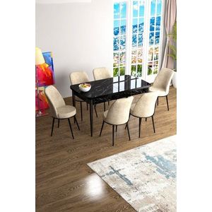 Extendable Dining Table & Chairs Set (7 Pieces) Han - Black Marble, Cream vyobraziť