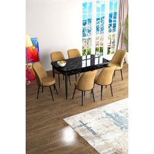 Extendable Dining Table & Chairs Set (7 Pieces) Han - Black Marble, Cappuccino vyobraziť