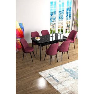 Extendable Dining Table & Chairs Set (7 Pieces) Han - Black Marble, Burgundy vyobraziť
