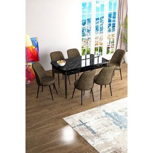 Extendable Dining Table & Chairs Set (7 Pieces) Han - Black Marble, Brown vyobraziť