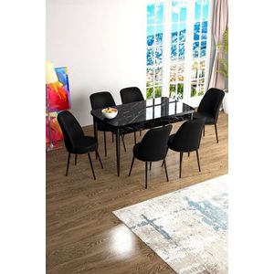 Extendable Dining Table & Chairs Set (7 Pieces) Han - Black Marble, Black vyobraziť