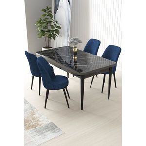 Dining Table & Chairs Set (5 Pieces) Nil - Black Marble, Navy Blue vyobraziť