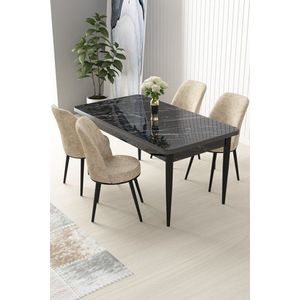 Dining Table & Chairs Set (5 Pieces) Nil - Black Marble, Cream vyobraziť