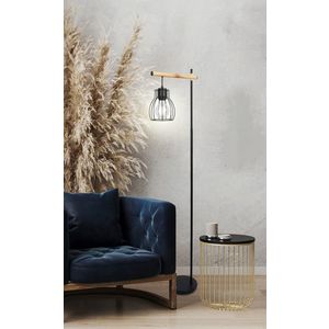 Stojaca lampa čierna s oceľovým košovým tienidlom Bernita vyobraziť