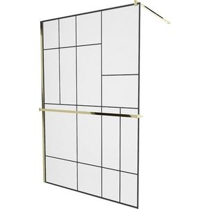 MEXEN/S - Kioto+ Sprchová zástena WALK-IN s poličkou a držiakom uterákov 140 x 200 cm, čierna vzor, zlatá 800-140-121-50-70 vyobraziť