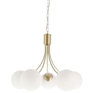 Mosadzná závesná lampa Dani 5x40W E14, biele tienidlo, elegantné stropné svietidlo do obývačky, klasický aj moderný štýl, päť svetelných bodov vyobraziť