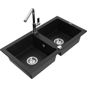 MEXEN/S - Mario granitový drez 2-bowl vrátane batérie Flora, čierna 6504-77-670401-00 vyobraziť