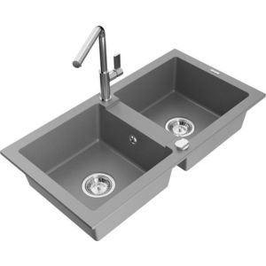 MEXEN/S - Mario granitový drez 2-bowl vrátane batérie Flora, šedá 6504-71-670401-00 vyobraziť