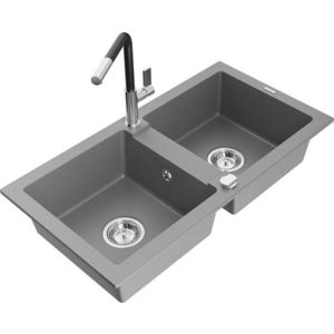 MEXEN/S - Mario granitový drez 2-bowl vrátane batérie Flora, šedá 6504-71-670401-07 vyobraziť