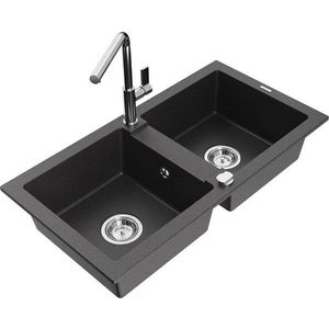 MEXEN/S - Mario granitový drez 2-bowl vrátane batérie Flora, čierna kropenatá 6504-76-670401-00 vyobraziť