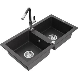 MEXEN/S - Mario granitový drez 2-bowl vrátane batérie Flora, čierna kropenatá 6504-76-670401-07 vyobraziť