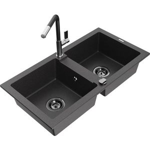 MEXEN/S - Mario granitový drez 2-bowl vrátane batérie Flora, čierna kropenatá 6504-76-670401-07-B vyobraziť