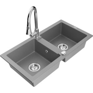 MEXEN/S - Mario granitový drez 2-bowl vrátane batérie Elia, šedá 6504-71-670101-00 vyobraziť