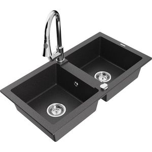 MEXEN/S MEXEN/S - Mario granitový drez 2-bowl vrátane batérie Elia, čierna kropenatá 6504-76-670101-00 vyobraziť