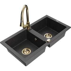 MEXEN/S - Mario granitový drez 2-bowl vrátane batérie Elia, čierna kropenatá 6504-76-670101-50 vyobraziť