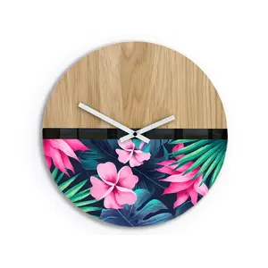 Drevené nástenné hodiny Flower 33 cm dub prírodný/ružové vyobraziť
