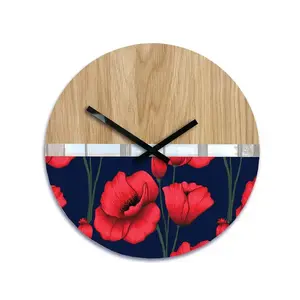 Drevené nástenné hodiny Máky 33 cm dub prírodný/červený vyobraziť