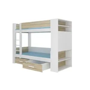 Poschodová posteľ GARETOS s matracmi 90x200 biela/dub sonoma vyobraziť