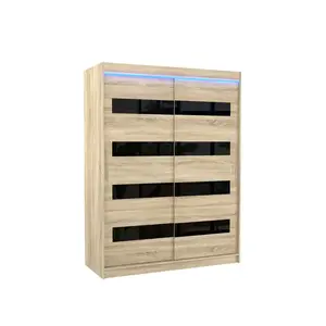 Šatníková skriňa s posuvnými dverami a LED osvetlením Martiz 150 cm čierna/dub Sonoma vyobraziť