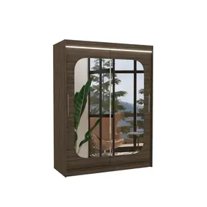 Šatníková skriňa s posuvnými dverami, zrkadlom a LED osvetlením Claver 150 cm Choco vyobraziť
