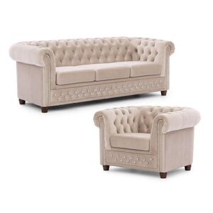 S-Style SEDACIA ZOSTAVA 3+1 Chesterfield Cleo Blink béžová, zamat s krištáľovým prešívaním vyobraziť