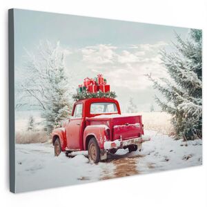 MuchoWow OBRAZ NA PLÁTNE Auto - červená - darčeky - zima - sneh - Vianoce 30x20 cm vyobraziť