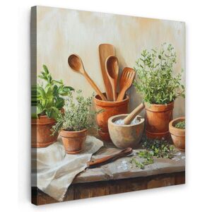 MuchoWow OBRAZ NA PLÁTNE Hrnce - Bylinky - Drevo 50x50 cm vyobraziť