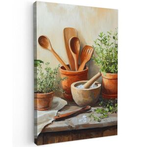 MuchoWow OBRAZ NA PLÁTNE Hrnce - Bylinky - Drevo 80x120 cm vyobraziť