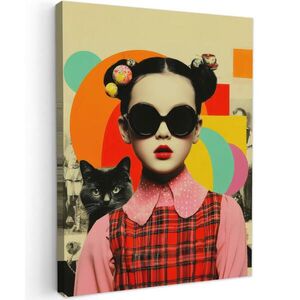 MuchoWow OBRAZ NA PLÁTNE Dievča - slnečné okuliare - mačka - retro 30x40 cm vyobraziť