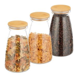 Relaxdays DÓZY Transparentná Prírodná 3-ks-sada sklo bambusové veko vzduchotesné 1400 ml vyobraziť