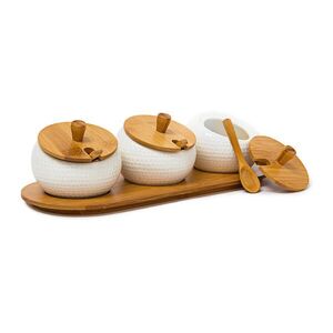Relaxdays STOJAN NA KORENINY Prírodná Biela s 3 dózami Bambus Keramika 30, 5 cm vyobraziť