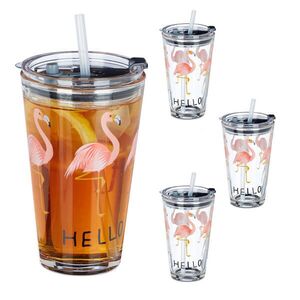Relaxdays POHÁRE Priehľadná ružová 4-dielna sada motív plameniaka s viečkom a slamkou 450 ml vyobraziť