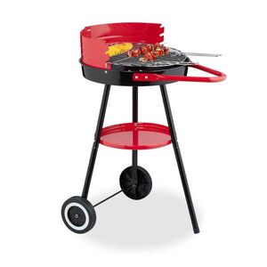 Relaxdays GRIL Čierna Červená na drevené uhlie okrúhly s kolieskami 42 cm vyobraziť