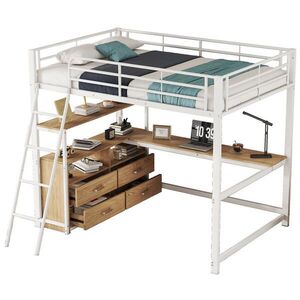 OKWISH VYSOKÁ posteľ 140/200 cm biela z MDF a kovu s L stolom a zásuvkami vyobraziť