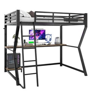 OKWISH VYSOKÁ posteľ 90/200 cm čierna z kovu a MDF s písacím stolom LED osvetlením a USB zásuvkou vyobraziť
