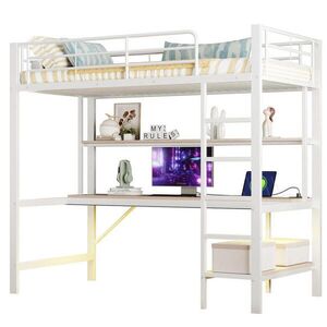 OKWISH VYSOKÁ posteľ 90/200 cm biela z kovu a MDF s písacím stolom policami LED osvetlením USB a zásuvkou vyobraziť