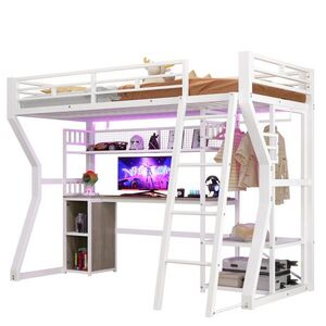 OKWISH VYSOKÁ posteľ 90/200 cm biela z MDF a kovu s LED osvetlením zásuvkou stolom a úložným priestorom vyobraziť