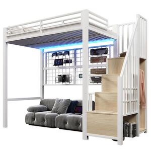 OKWISH VYSOKÁ posteľ 90/200 cm biela z kovu s úložným rebríkom, skriňou a 7-farebným LED osvetlením vyobraziť