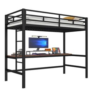 OKWISH VYSOKÁ posteľ 90/200 cm čierna z kovu s písacím stolom LED osvetlením a USB nabíjaním vyobraziť