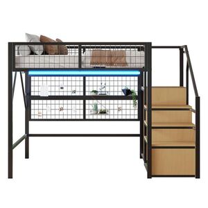 OKWISH VYSOKÁ posteľ 140/200 cm čierna z kovu a MDF s LED osvetlením a schodmi s úložným priestorom vyobraziť