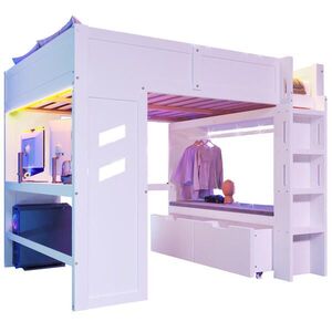 OKWISH VYSOKÁ posteľ 140/200 cm biela z borovice a MDF s písacím stolom LED osvetlením a úložným priestorom vyobraziť