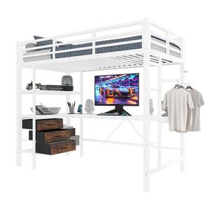OKWISH VYSOKÁ posteľ 90/200 cm biela z kovu a MDF s LED osvetlením písacím stolom USB a 3 zásuvkami vyobraziť
