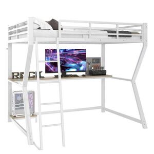 OKWISH VYSOKÁ posteľ 90/200 cm biela z kovu s písacím stolom LED osvetlením a USB vyobraziť
