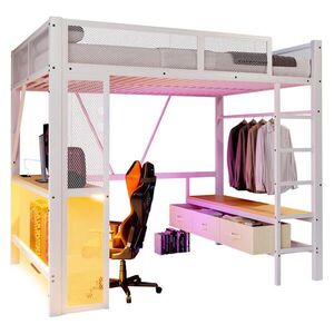 OKWISH VYSOKÁ posteľ 140/200 cm biela z MDF a kovu s LED, USB, písacím stolom a otvoreným šatníkom vyobraziť